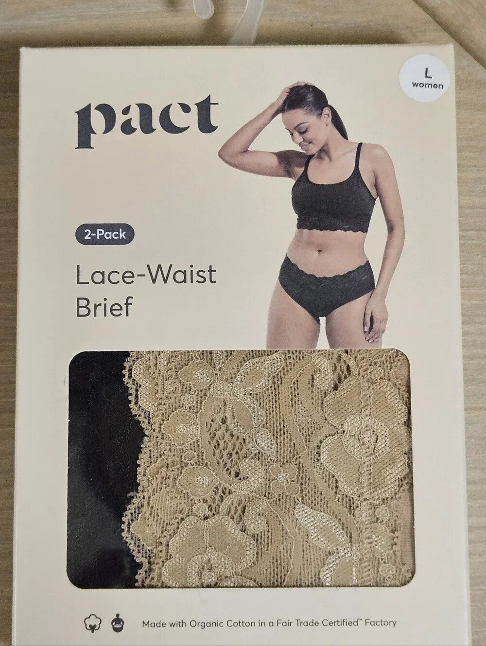2 Pack Pact Women's Organic Cotton Lace Waist Brief LARGE Black/Pedal Patch NIB - Picture 3 of 5